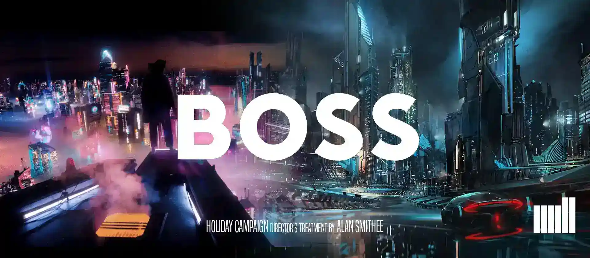 Examples of treatment layouts for a Hugo Boss film using dynamic visuals and creative graphic design to help sell an idea